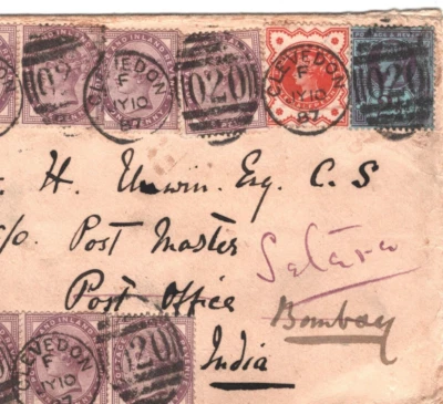 GB QV INDIA MAIL Cubierta *CLEVEDON* Bristol/Som 1887 Bombay Reenviado SATARA KA79 Foto 1 de 4