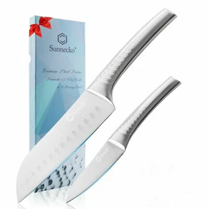 Juego de 2 cuchillos Sunnecko cuchillo Santoku cuchillo alemán de acero inoxidable cuchillo de pelar frutas - Imagen 1 de 11