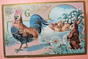 1910 era "Easter Greetings" Postcard with Rabbit & Rooster with Chicks in Cart - Picture 1 of 2