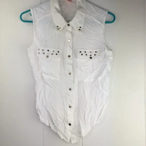 Rebellious One Medium White Soft Sleeveless Button Up Top Goldtone Stud Hardware - Picture 1 of 6