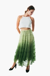 Summer Elastic Waist green maxi Skirt Cotton color Casual Loose A-line Pleated - Picture 1 of 4