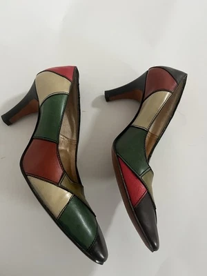 Vintage 1960s Jo Hansen Patchwork Leather Size 5.5 AAAA Extra Narrow – Retro Mod - Image 1 of 4