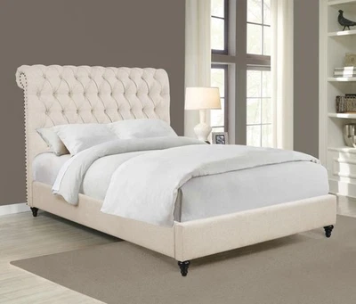 BEIGE BUTTON TUFTED FABRIC QUEEN SCROLLED HEADBOARD SLEIGH BED BEDROOM FURNITURE - Image 1 of 4