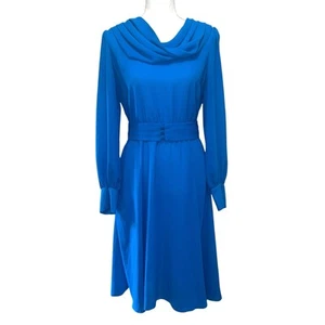 Vintage 70s Blue Leslie Fay Petites Modest Drape Neck A-Line Chiffon Dress 12P - Picture 1 of 12