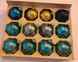 Vintage 12 Shiny Brite Blue/Yellow Blown Glass Christmas Ornaments-No Box Top - Picture 1 of 5