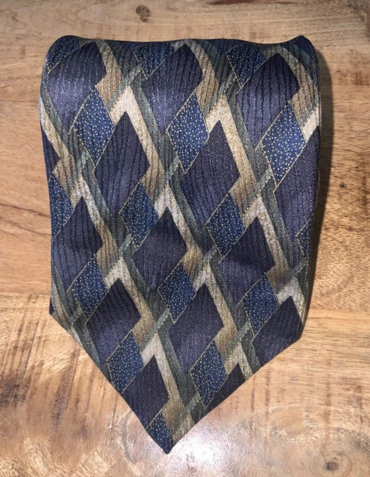 Шелковый галстук шелковый шелковый геометрический темно-синий, черный, золотой, зеленый ручной вид, 58 «4» Италия - Изображение 1 из 4