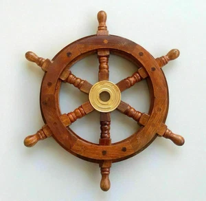Nautical Wooden Ship Steering Wheel Brass 12 inch Pirate Wooden Ship Wheel Gift - Picture 1 of 6