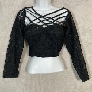 Fredrick's Of Hollywood Sexy Black Sequin Lace Crop Top Long Sleeve Sz Large NEW - Picture 1 of 3