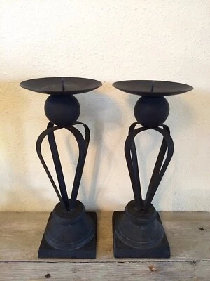 Set of 2 Black Wrought Iron Metal Candle Holders 12" tall Round Square Pillar - Image 1 of 4