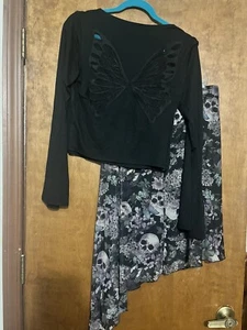 Thorn & Fable Skulls  Asymmetrical Midi Skirt And Bell Sleeve Top LARGE NWT - Picture 1 of 11