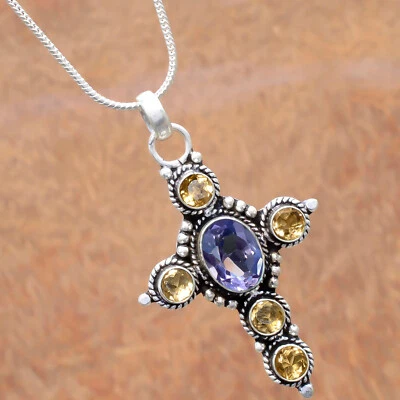 Citrine Cut & Faceted Amethyst Cross 925 Sterling Silver Pendant Prayer Jewelry - Image 1 of 4