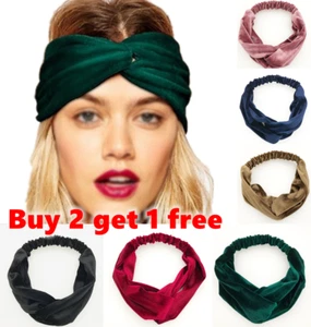 Shimmer Velvet Twist Knot Headband Stretchy Elastic Wrap Turban Hair Band Plain - Picture 1 of 11