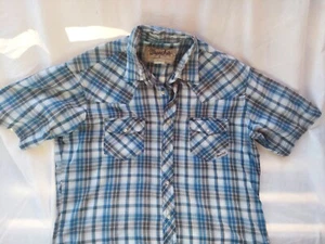 Wrangler Western Pearl Snap Shortsleeve Shirt. Size L. Blue/ Gray Plaid. - Picture 1 of 10