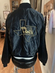 Vintage 1986 TEXAS SESQUICENTENNIAL Satin Jacket - Size Medium Black Gold Shiny - Picture 1 of 11