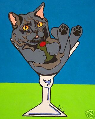 11X14 Russian Blue Martini Glass Gray Cat Art Print