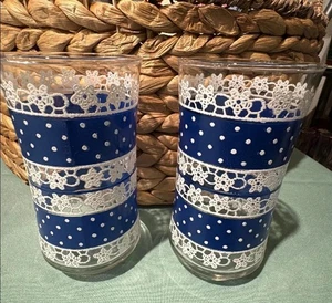 Vintage 2 Libbey Tumbler Glasses Blue White Polka Dot Lace 12 oz G1 - Picture 1 of 1