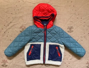 Mini Boden Quilted Borg Mix Blue Orange Sherpa Jacket, Size 3/4 - Picture 1 of 5