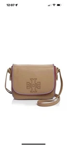 Tory Burch Harper Stripe Messenger Tan Pebbled Leather Crossbody Bag $450 - Picture 1 of 23