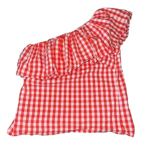 J. Crew One Shoulder Top 00 XXS Gingham Orange White Ruffle Country Chic - Picture 1 of 8