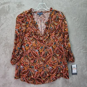Democracy Tunic Womens Plus 3X Paisley Print Ruffle V Neck 3/4 Sleeve Blouse New - Picture 1 of 8