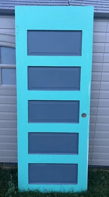 VTG Wooden 5 Panel Door Farmhouse 30”x77” Teal Patina Mid-Century Salvage Shabby - Image 1 of 4