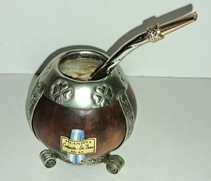 Vintage Argentina Industria Yerba Mate Gourd Tea Cup With Bombilla Straw, w/ Tag - Picture 1 of 18