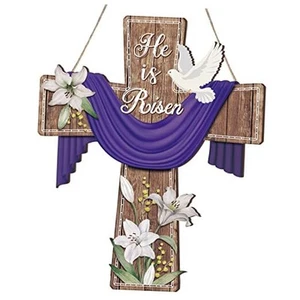 Easter Door Sign He Is Risen Hanging Decor Religious Cross Sign Easter - Picture 1 of 7