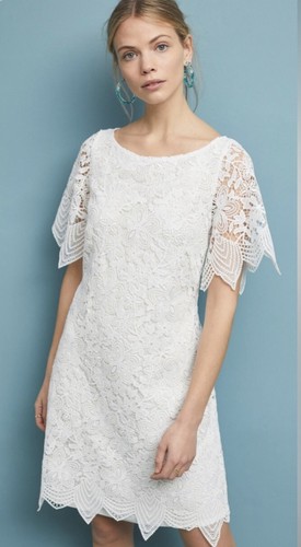 OFF WHITE Abito corto ANTHROPOLOGIE Charleston bianco sporco pizzo floreale orlo smerlato 6