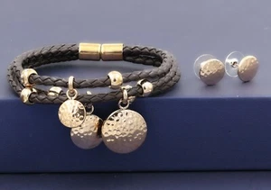 Stainless Steel 316 Hammered Set disc shape leather bracelet & Earrings gift - Picture 1 of 13