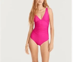 NWT J. Crew Long-Torso Ruched V-Neck One-Piece Swim Radiant Fuchsia Pink Size 4 - Picture 1 of 11