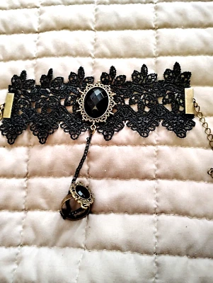 Encaje Negro con Estrás Camafeo Joyería.Pulsera con Anillo Adjunto. ajustable #i Foto 1 de 4