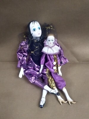 Sammler Puppe Clown Harlekin Pierrot Vintage 2 Stück Lila ca.20cm /ca.28cm - Bild 1 von 4