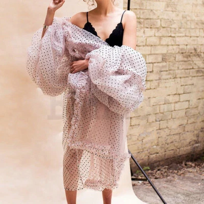 Women Puff Sleeve Tulle Lace Dress Long Organza Jacket Wave Point Flouncing Coat - Image 1 of 4