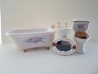 Dollhouse Bathroom Set Tub Sink Mirror Toilet Wood Lid Floral Decal 1