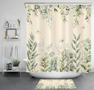 Juego de Cortina de Ducha Floral Mariposa Beige Hoja Verde Otoño para Decoración de Baño - Imagen 1 de 18