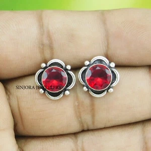 Garnet Gemstone 925 Sterling Silver Handmade Jewellery Stud Earrings - Picture 1 of 4