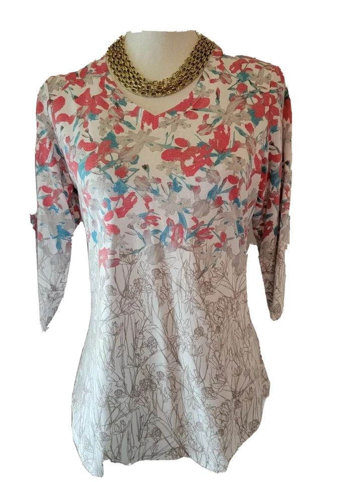 Pantalones de mezclilla FDJ franceses cuello en V estampado floral jersey top multi rojo blanco XS Foto 1 de 4