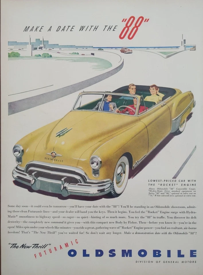 1949 vintage Yellow convertible Oldsmobile automobile print ad Post War ll.  - Image 1 of 1