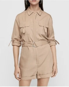 NWT Express Tan Brown Short Sleeve Utility Zipper Romper With Belt Sz S - Picture 1 of 6