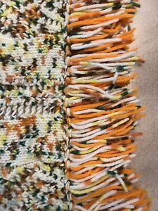 Handmade Crochet Blanket Orange Cream Green Brown Fringed On 2 Sides Boho 70’s