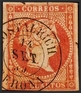 Cataluña. Filatelia.º Gebraucht 48. 1855. 4 Bäder Rojo. Gestempelt Hostalrich / - Bild 1 von 1