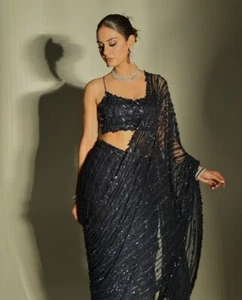 Blockbuster Mono Net Saree with 5MM Multi Sequins Embroidery & Lace Border - Picture 1 of 8