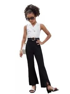Girl's Color Block Lapel Neck Sleeveless Flare Leg Split Hem Elegant Jumpsuit... - Picture 1 of 7