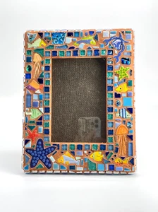 Mosaic Tile Picture Frame Seaside Coastal Beach Tropical Fish Crab Squid Easel - Picture 1 of 12