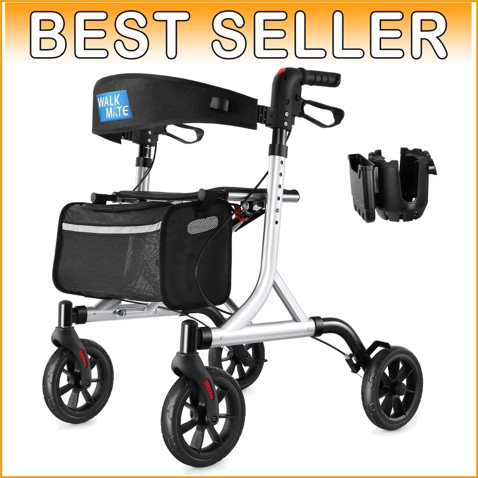 Andador Andador Plegable Plateado con Ajuste de Altura y Portavasos para Personas Mayores Foto 1 de 4