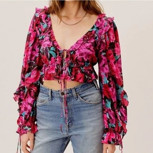 For Love & Lemons Floral Ruffle "Scarlett" Crop Top Women's Size XS - Picture 1 of 11
