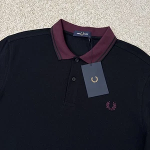 Fred Perry Contrast Rib Polo Shirt Twin Tipped Black Burgundy Mens Large BNWT - Picture 1 of 16
