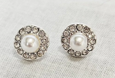 Silver Tone Stud Earrings Made With Swarovski Crystals & Faux Pearl J14-3510 - Image 1 of 4