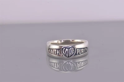 Anillo JNR Plata Esterlina Tallado FAITH LOVE PUREZA Corazón Banda 925 Talla: 10 Foto 1 de 4