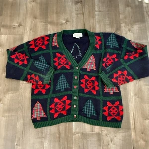 Vintage ID Distinctions Sweater Cardigan Christmas Tree Women Large Knit Patches - Picture 1 of 10